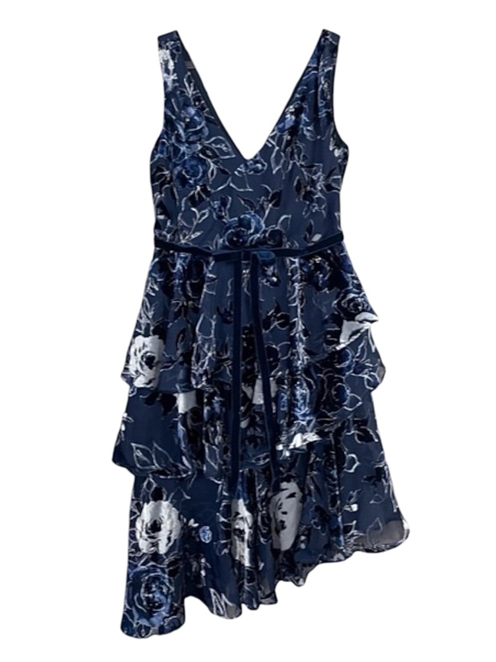 Marchesa Notte Velvet Floral Tiered Ruffle Hem Cocktail Dress Navy Blue Size 4